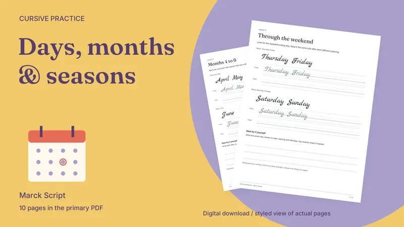 Days, Months & Seasons Vocabulary Pack: styled actual-page preview