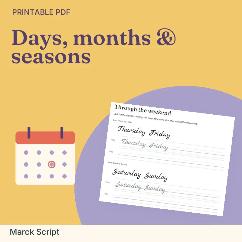 Days, Months & Seasons Vocabulary Pack, Marck Script: illustrated preview with actual page excerpt