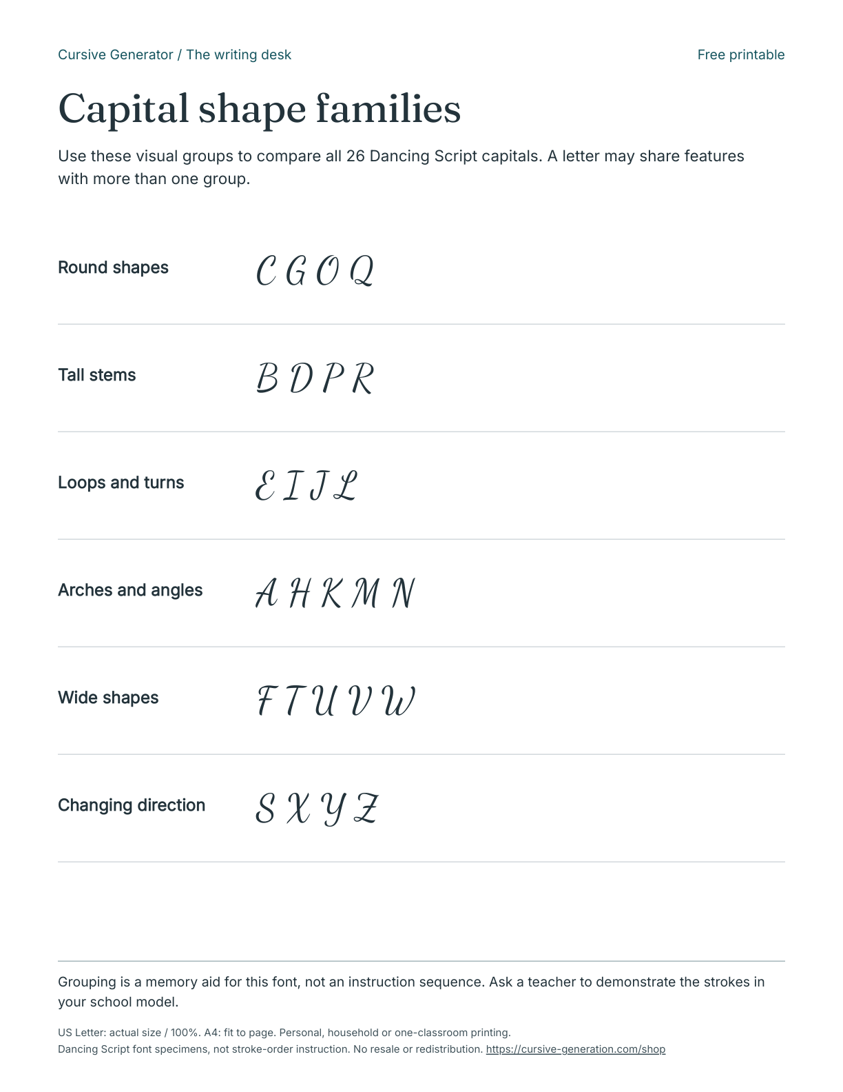 Printable page from Capital shape families - Free Printable