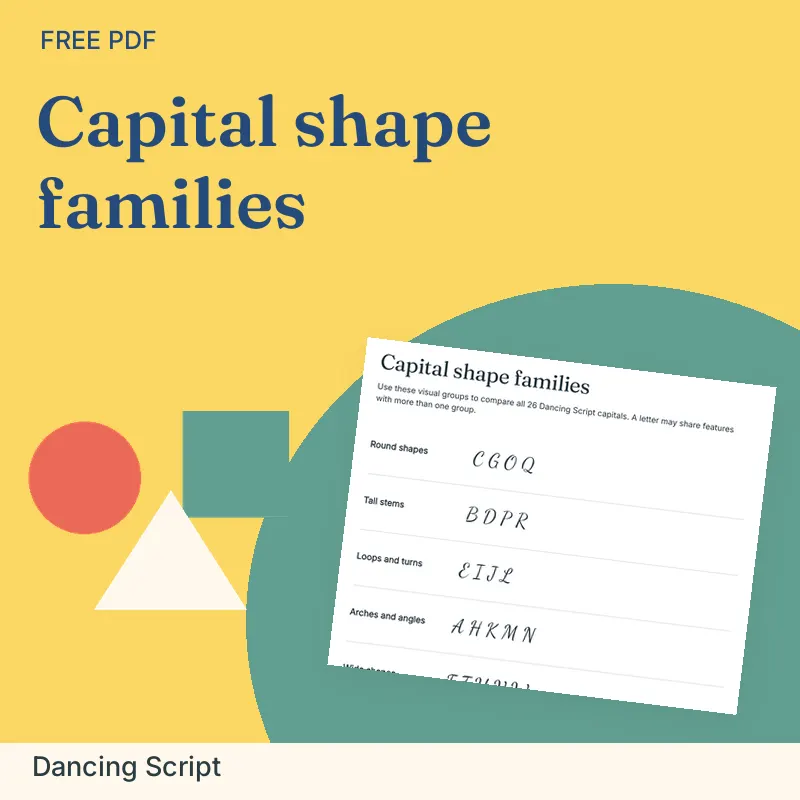 Capital shape families, Dancing Script: illustrated preview with actual page excerpt