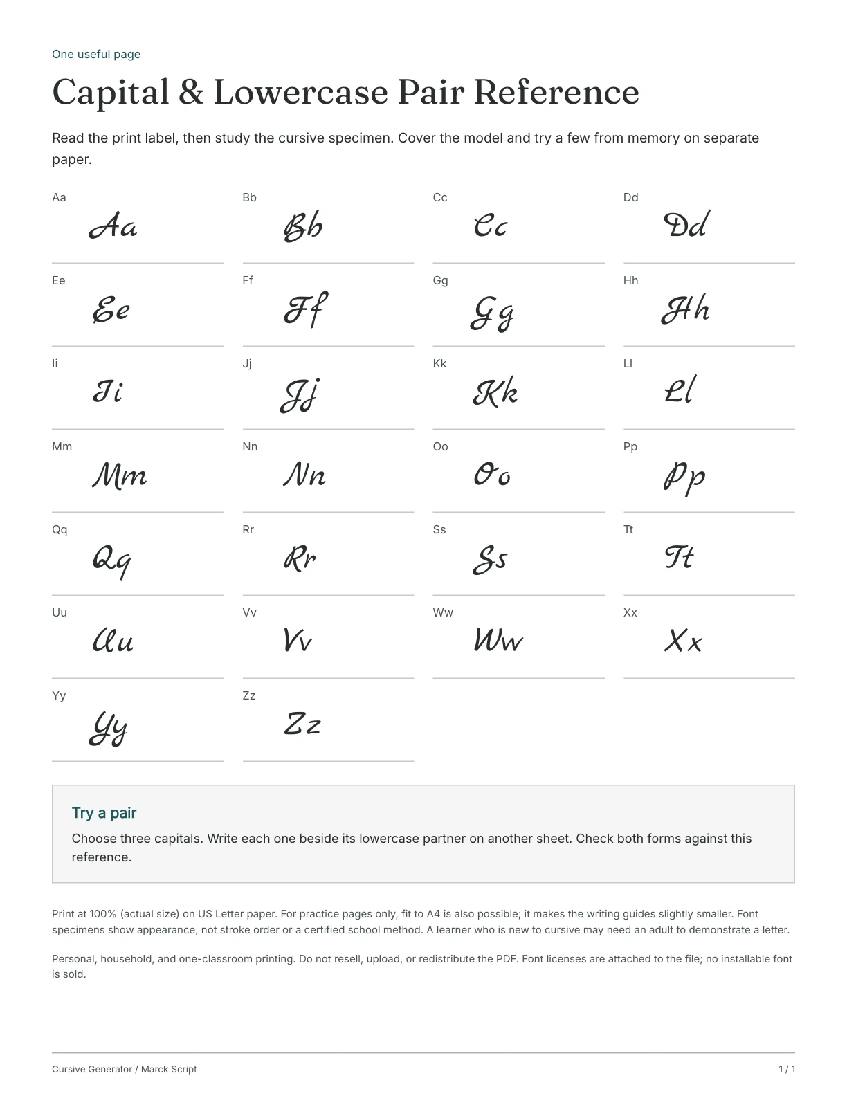 Page 1: Capital & Lowercase Pair Reference