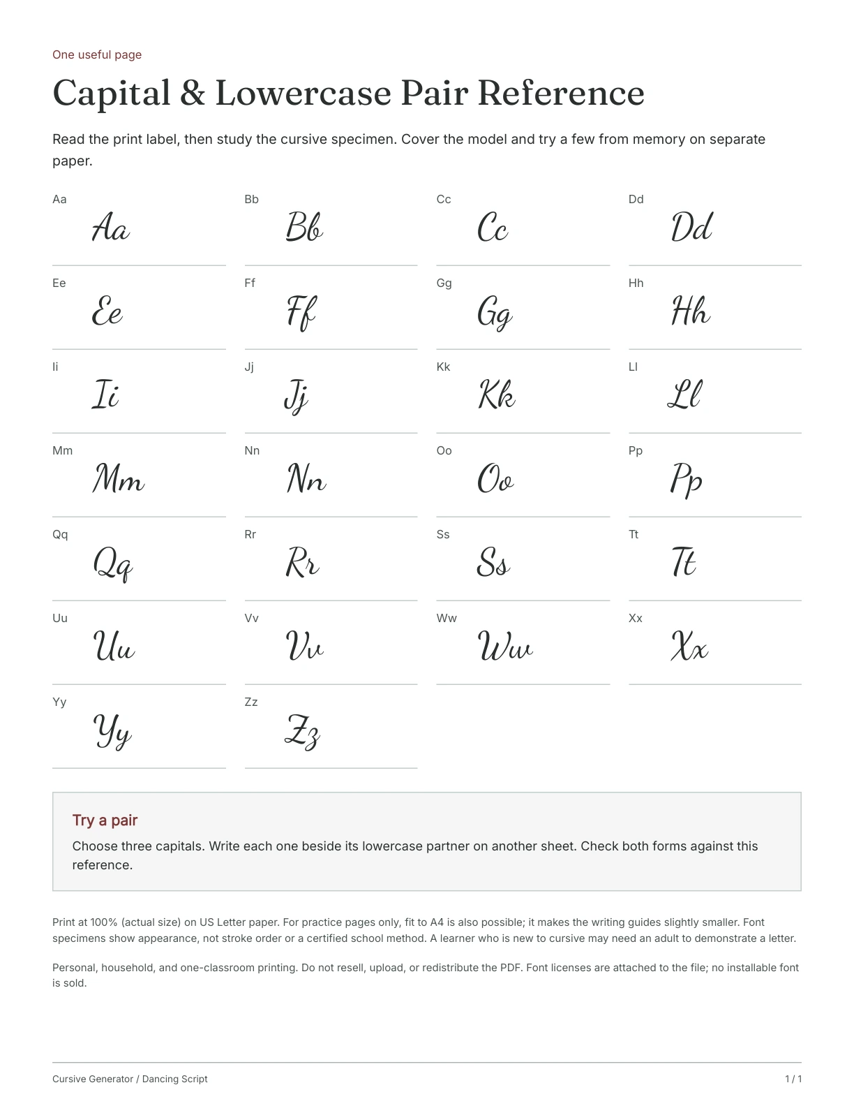 Page 1: Capital & Lowercase Pair Reference