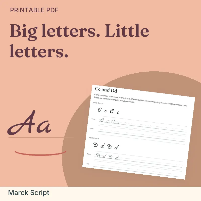 Capital-Lowercase Pairing Workbook, Marck Script: illustrated preview with actual page excerpt