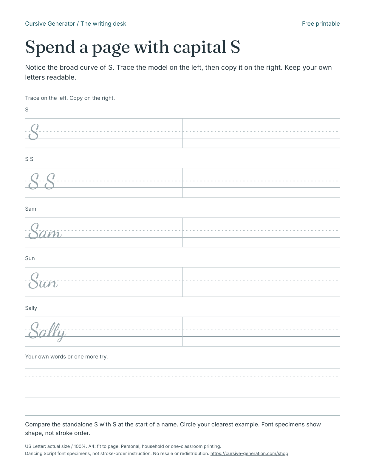 Spend a page with capital S - Free Printable: actual PDF cover