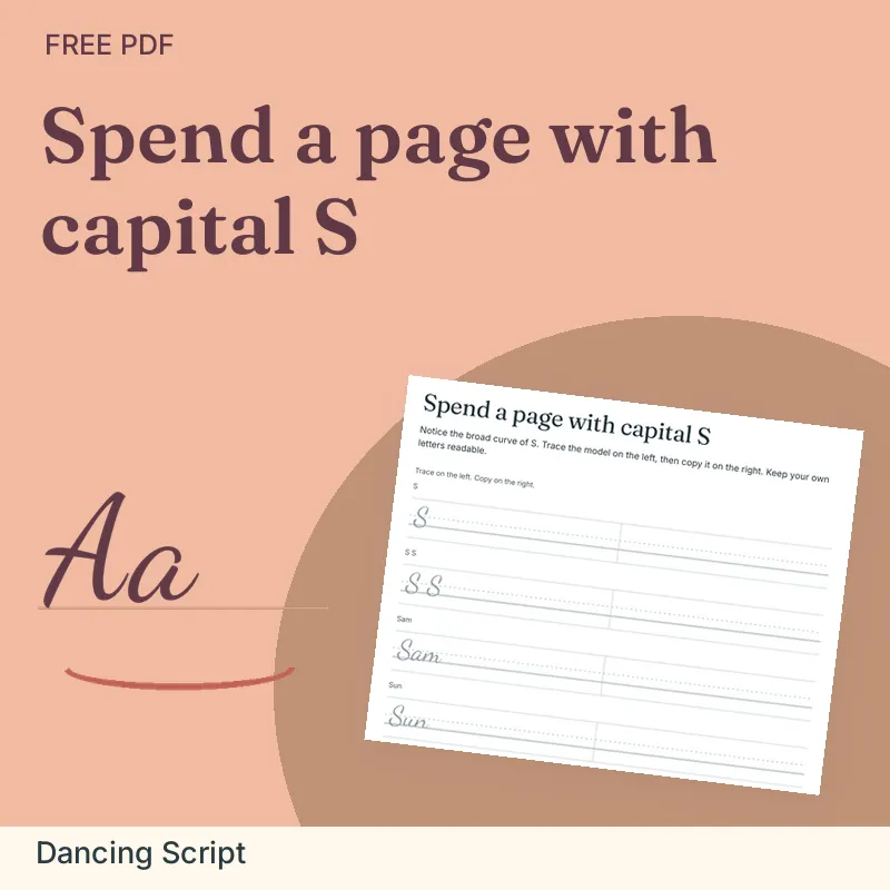 Spend a page with capital S, Dancing Script: illustrated preview with actual page excerpt