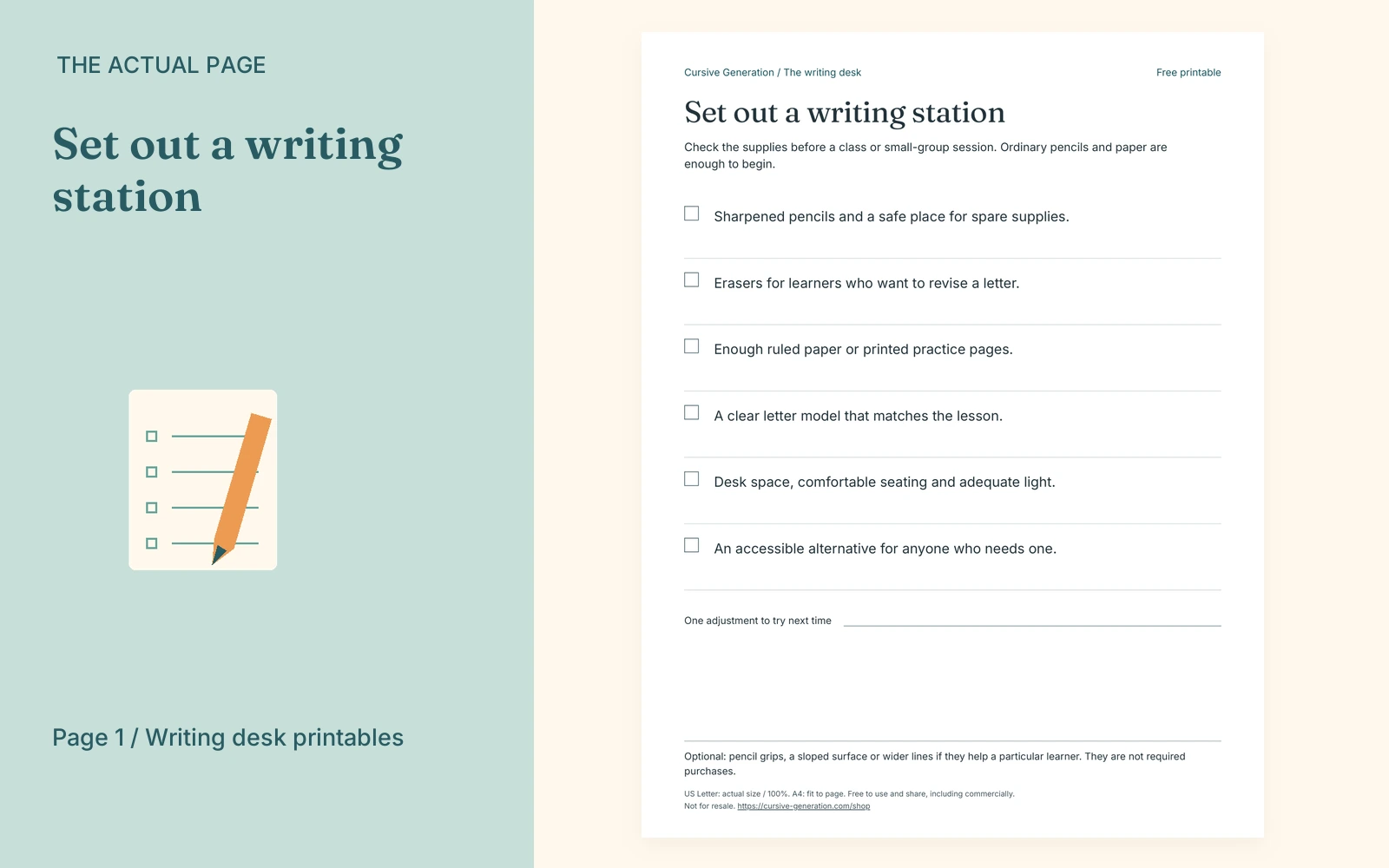 Complete actual page 1: Set out a writing station