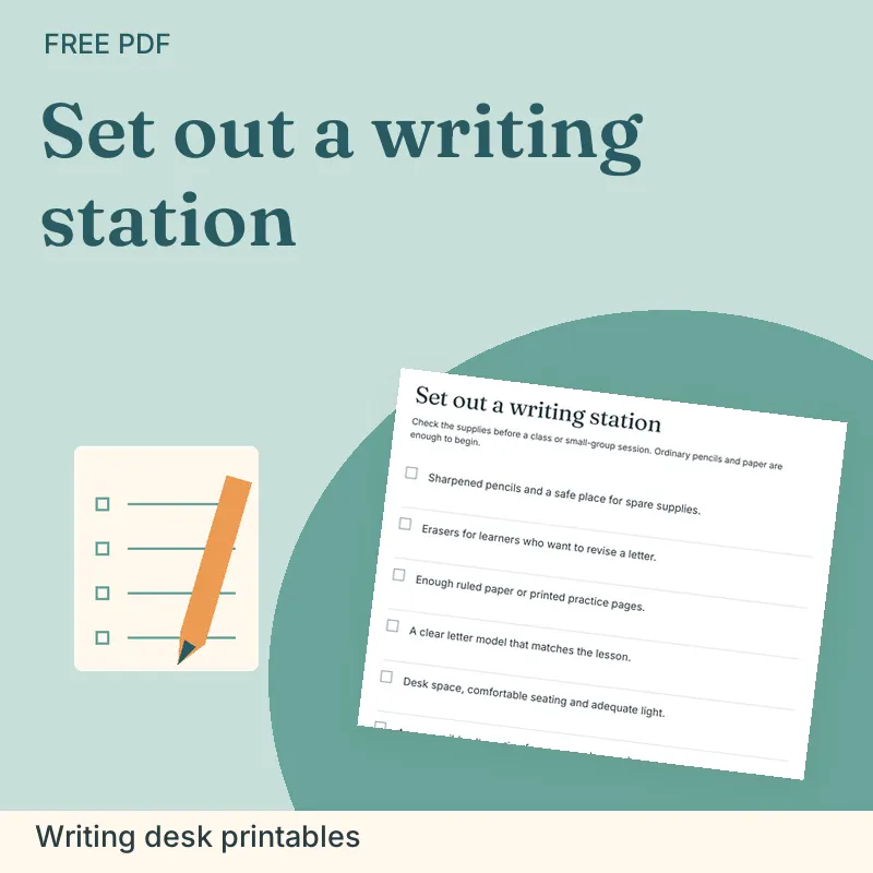 Set out a writing station, Writing desk printables: illustrated preview with actual page excerpt