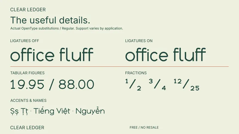 Clear Ledger: examples of included font features
