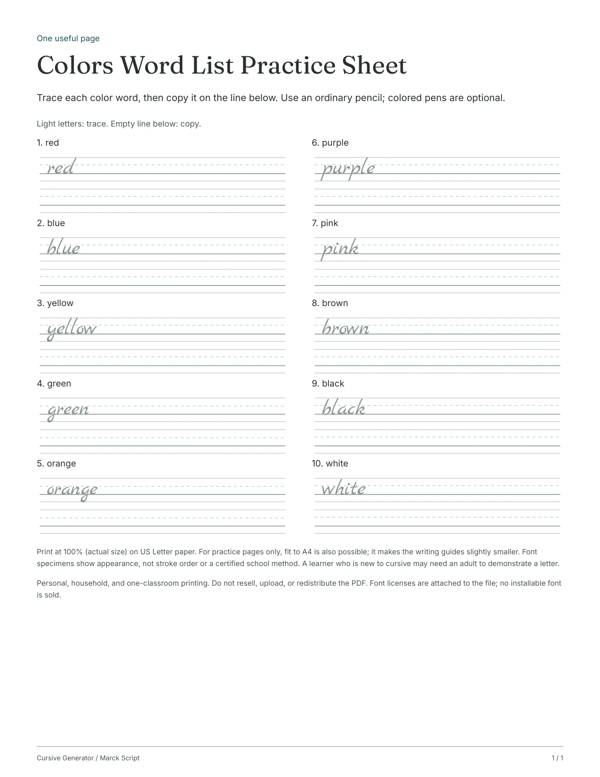 Page 1: Colors Word List Practice Sheet