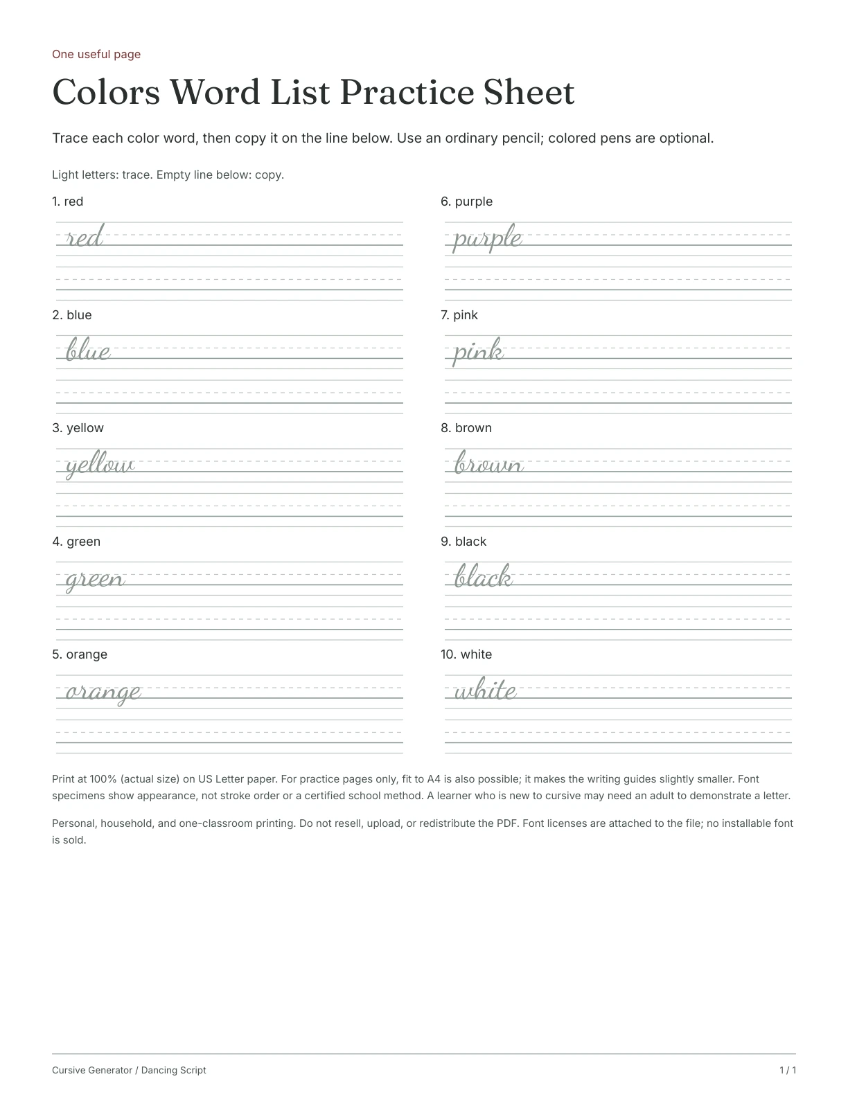 Page 1: Colors Word List Practice Sheet