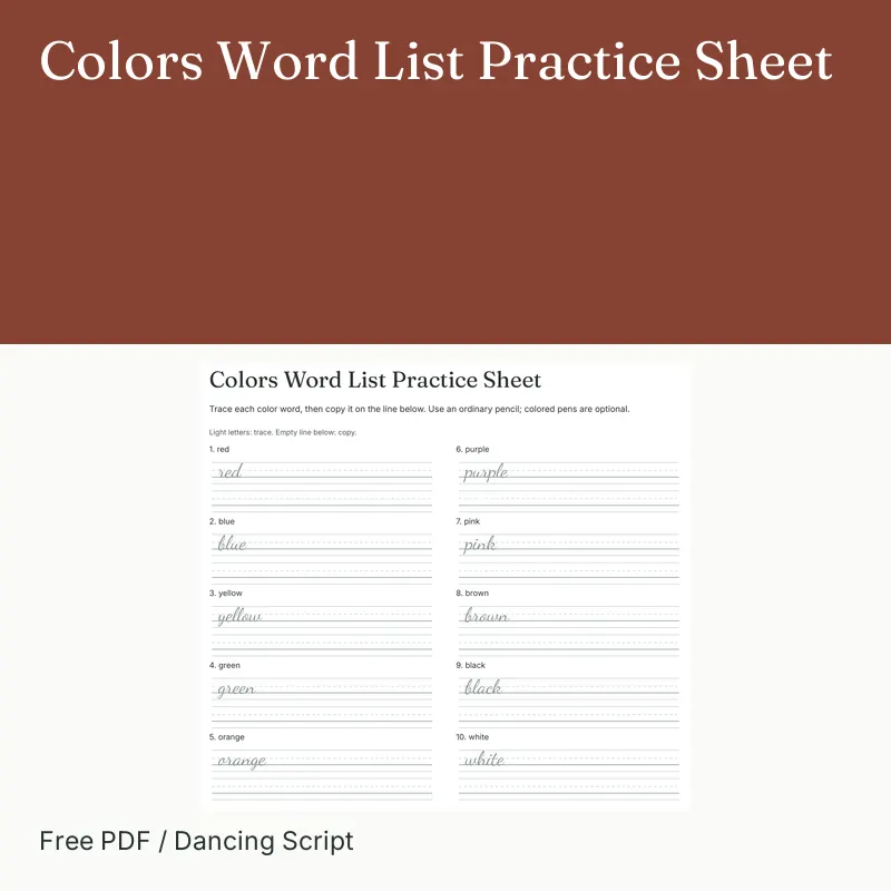 Colors Word List Practice Sheet