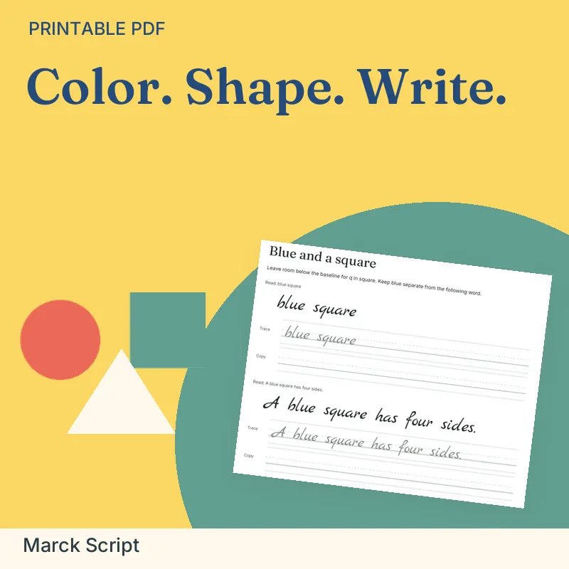 Colors & Shapes Vocabulary Pack, Marck Script: illustrated preview with actual page excerpt