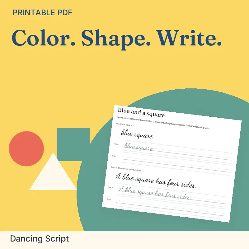 Colors & Shapes Vocabulary Pack, Dancing Script: illustrated preview with actual page excerpt