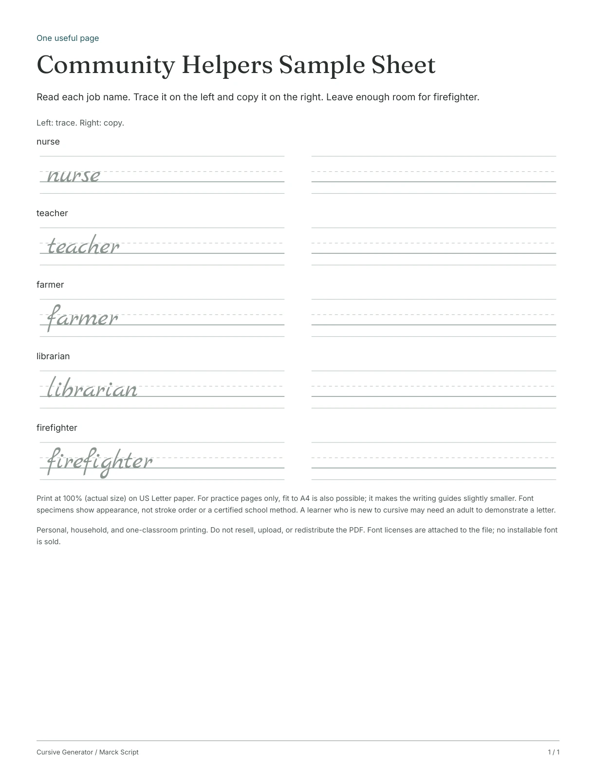 Page 1: Community Helpers Sample Sheet