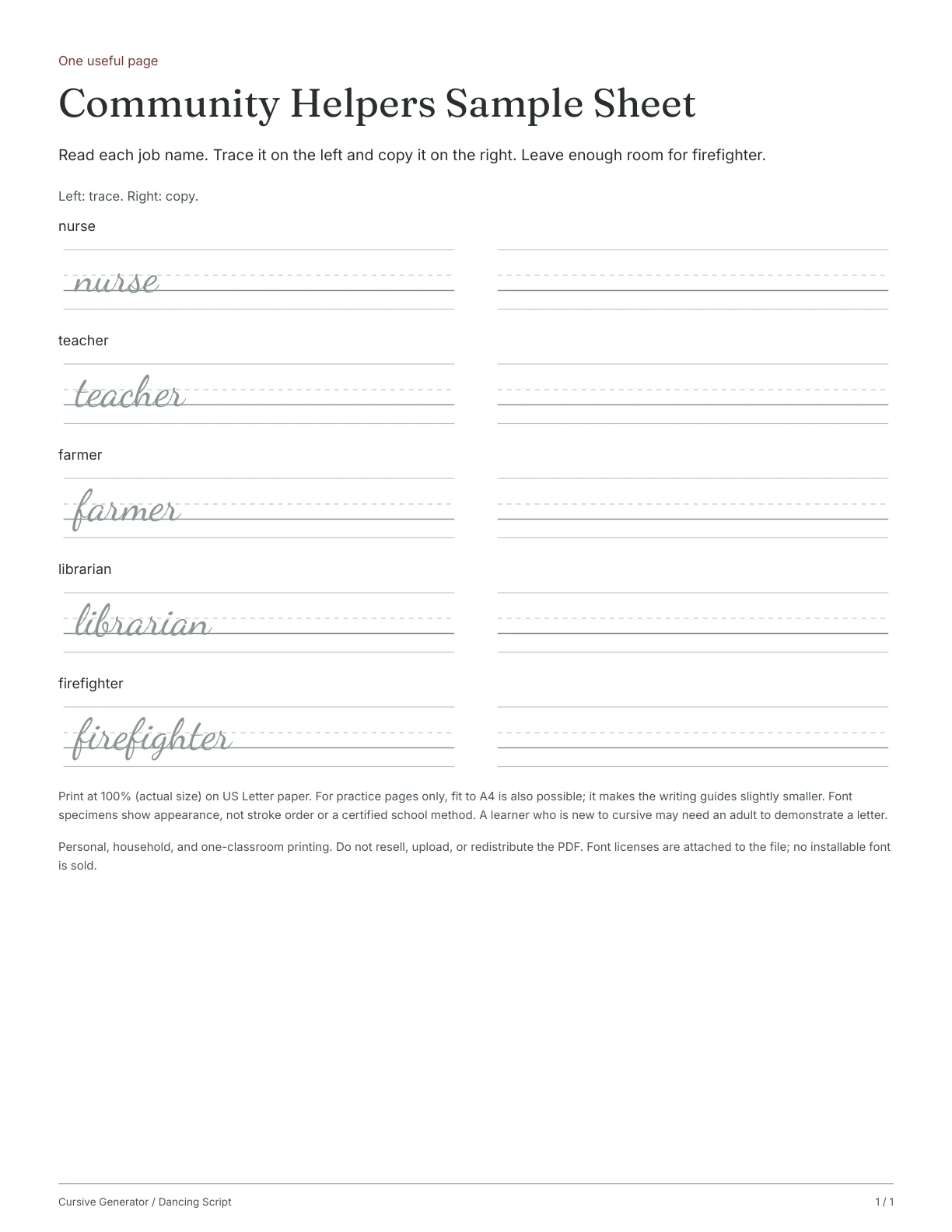 Page 1: Community Helpers Sample Sheet