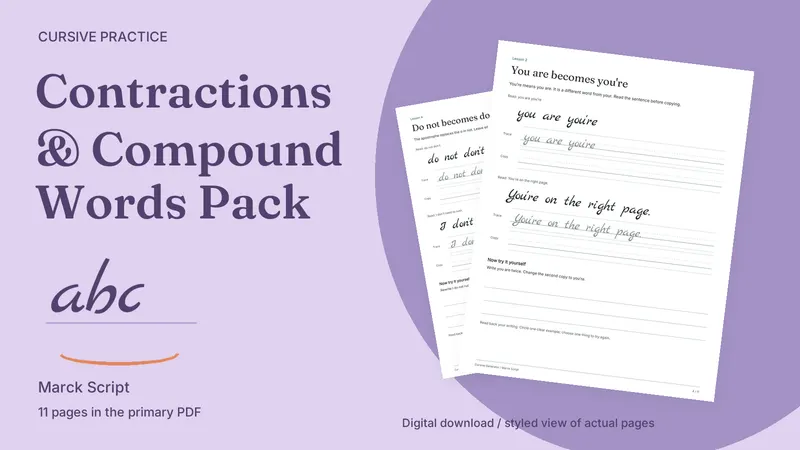 Contractions & Compound Words Pack: styled actual-page preview