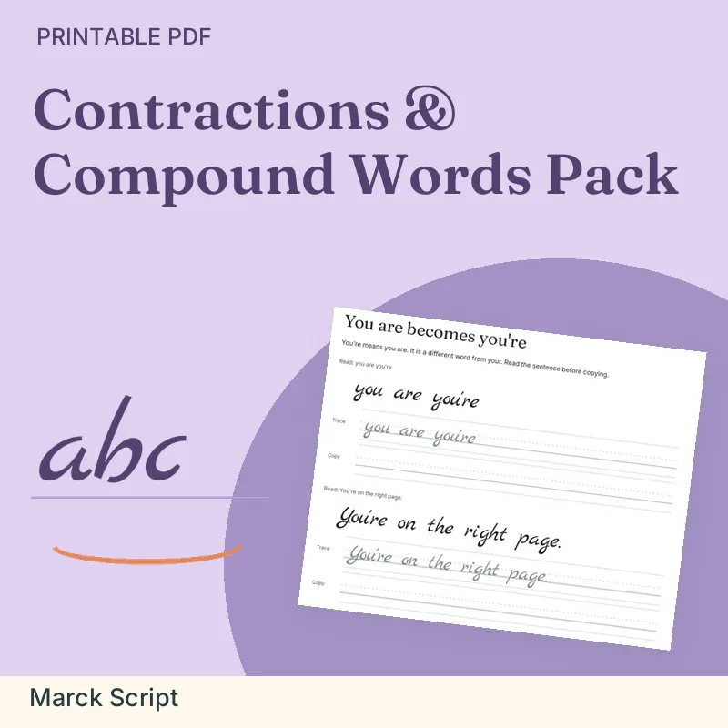 Contractions & Compound Words Pack, Marck Script: illustrated preview with actual page excerpt