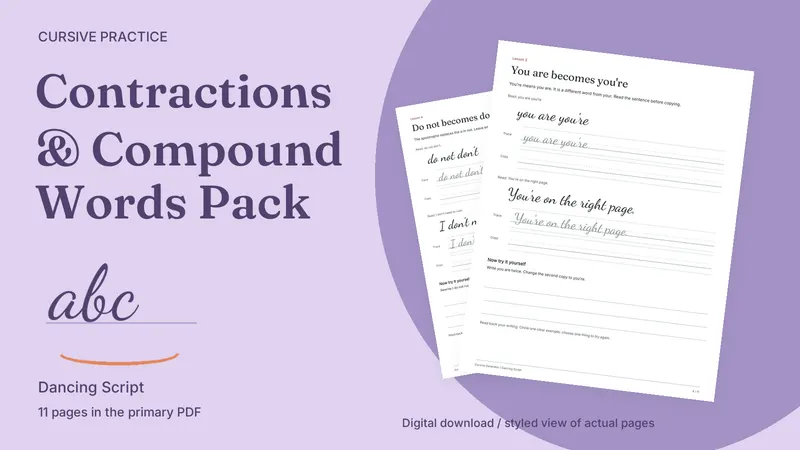 Contractions & Compound Words Pack: styled actual-page preview