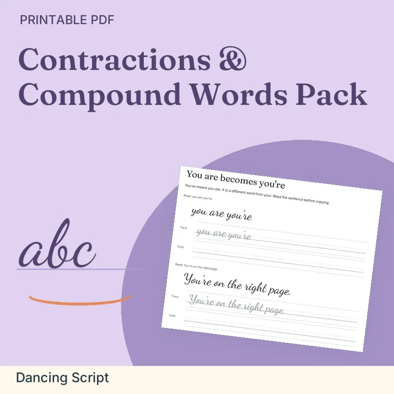 Contractions & Compound Words Pack, Dancing Script: illustrated preview with actual page excerpt