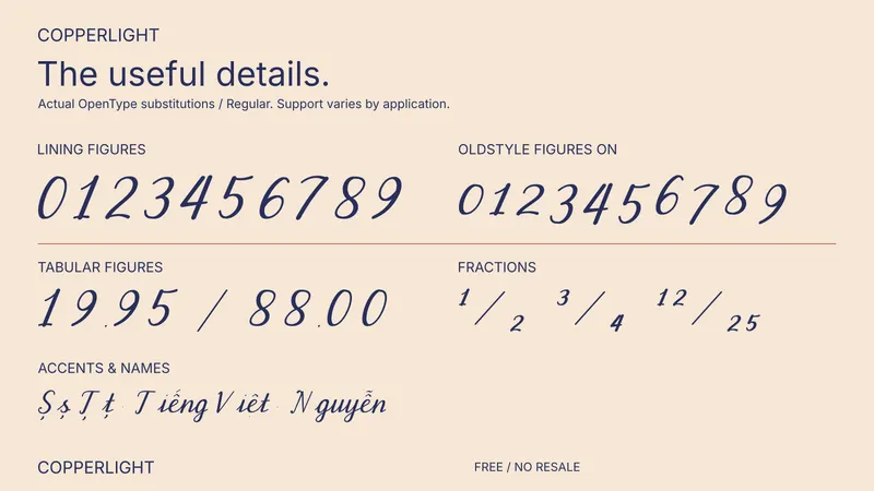 Copperlight: examples of included font features