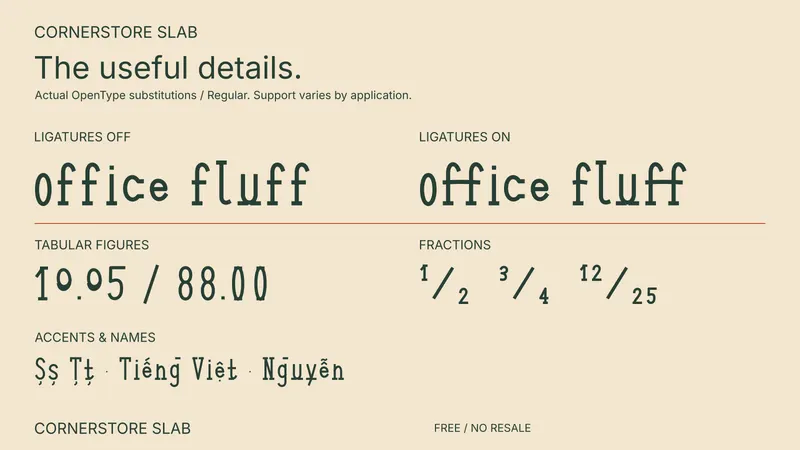Cornerstore Slab: examples of included font features