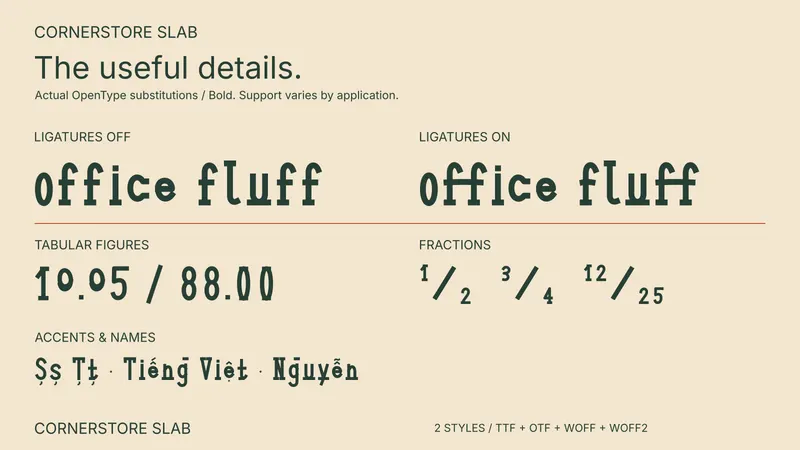 Cornerstore Slab OpenType feature comparison