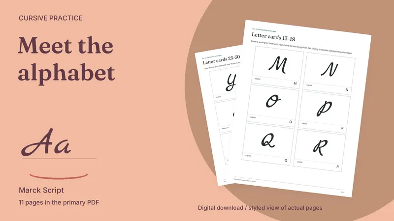 Cursive Alphabet Flashcard Pack: styled actual-page preview