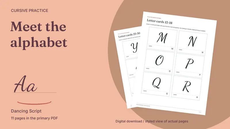 Cursive Alphabet Flashcard Pack: styled actual-page preview