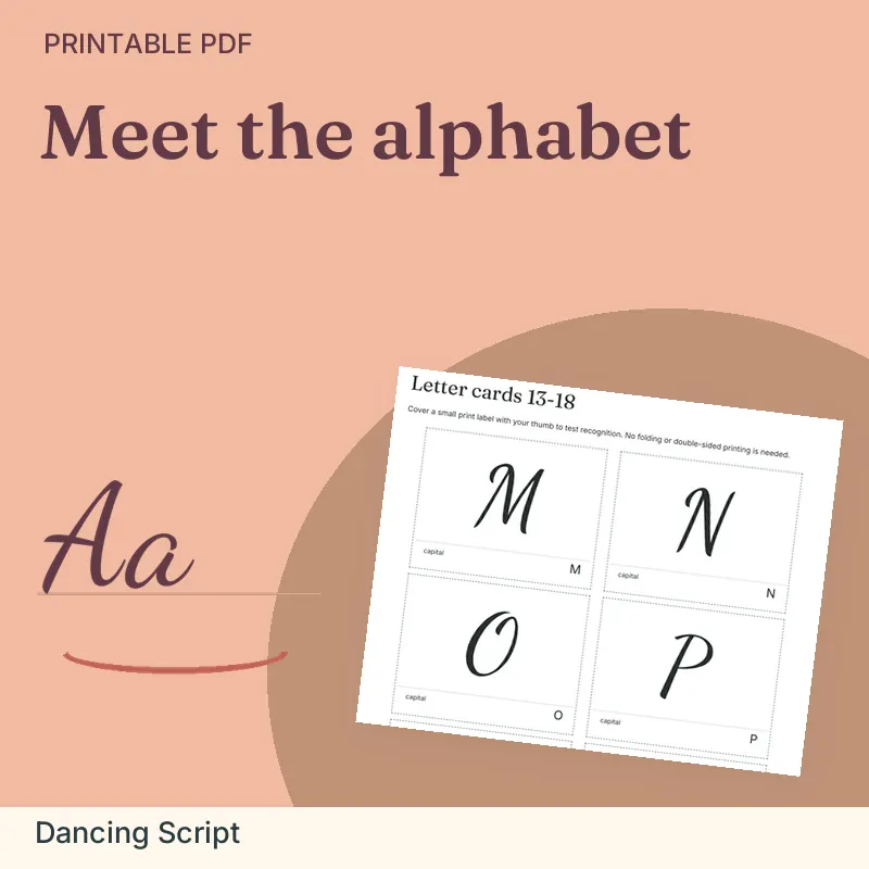 Cursive Alphabet Flashcard Pack, Dancing Script: illustrated preview with actual page excerpt