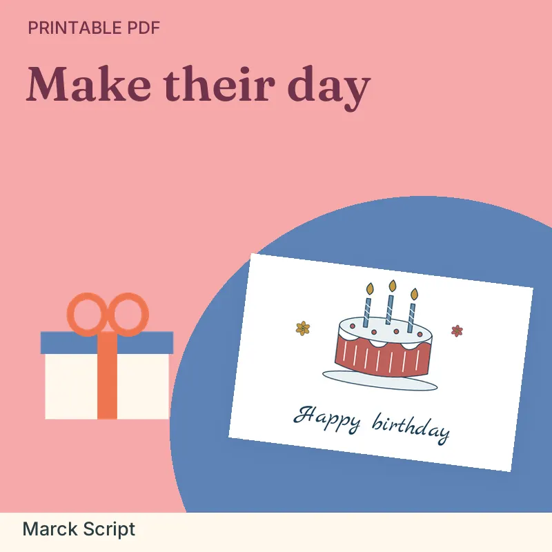 Birthday Greeting Card Set, Marck Script: illustrated preview with actual page excerpt