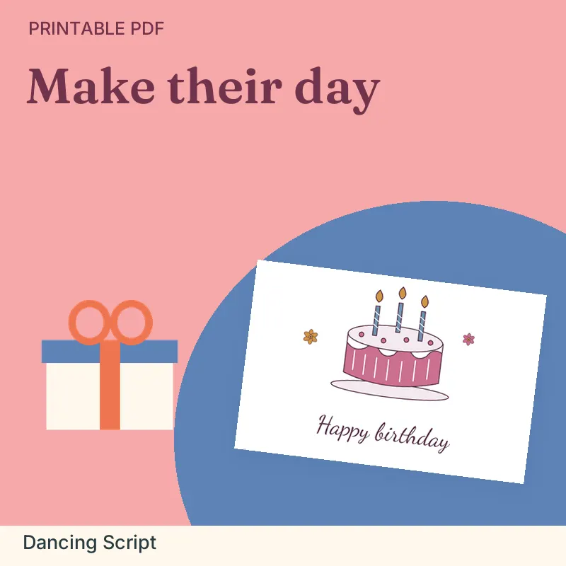 Birthday Greeting Card Set, Dancing Script: illustrated preview with actual page excerpt