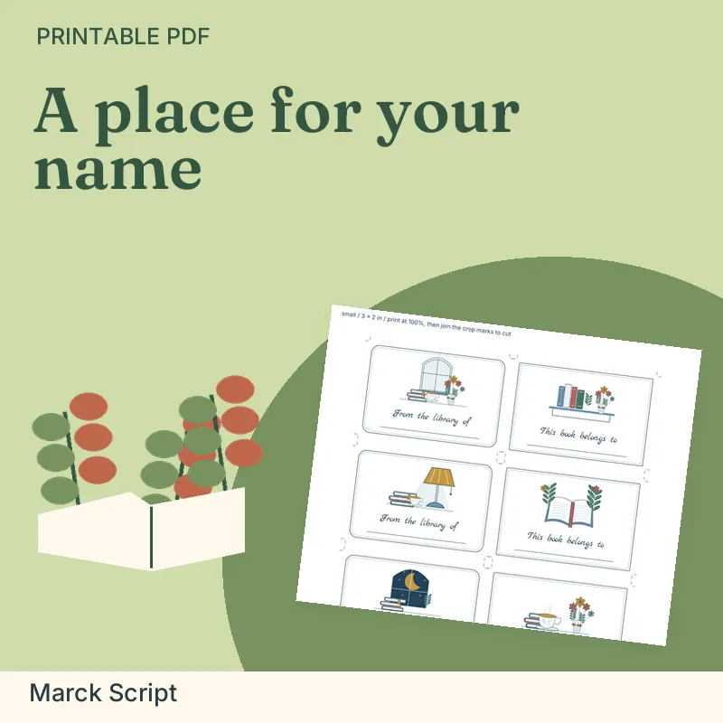 This Book Belongs To: Bookplate Set, Marck Script: illustrated preview with actual page excerpt