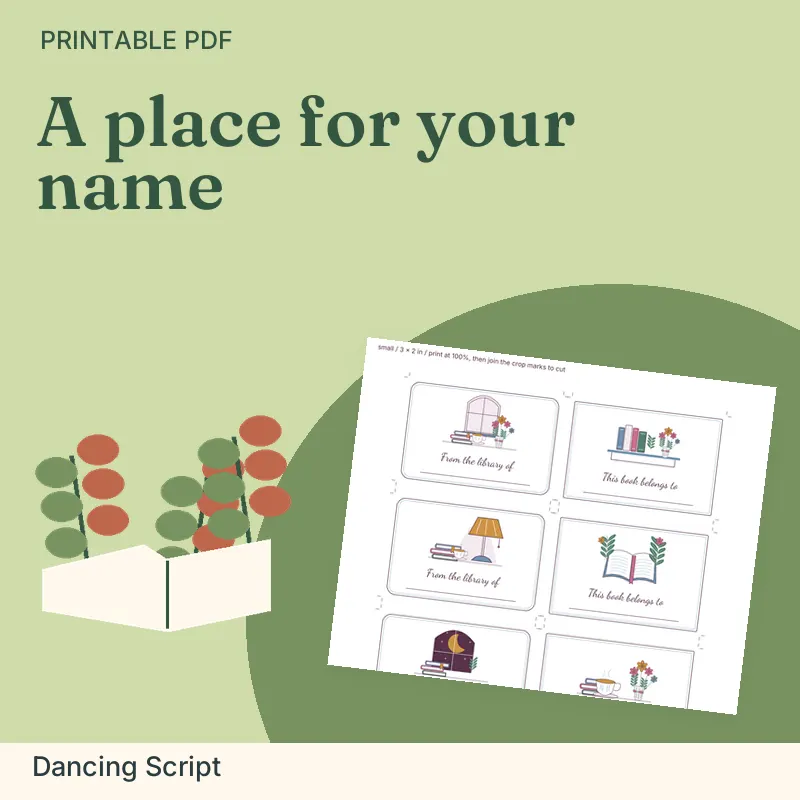 This Book Belongs To: Bookplate Set, Dancing Script: illustrated preview with actual page excerpt
