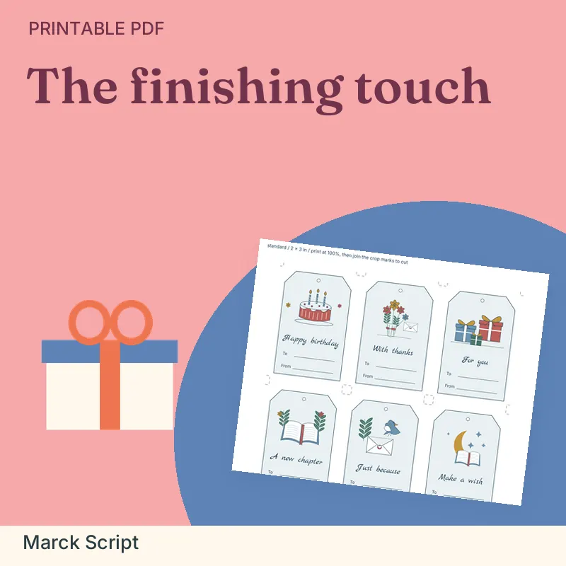 Cursive Gift Tag Collection, Marck Script: illustrated preview with actual page excerpt