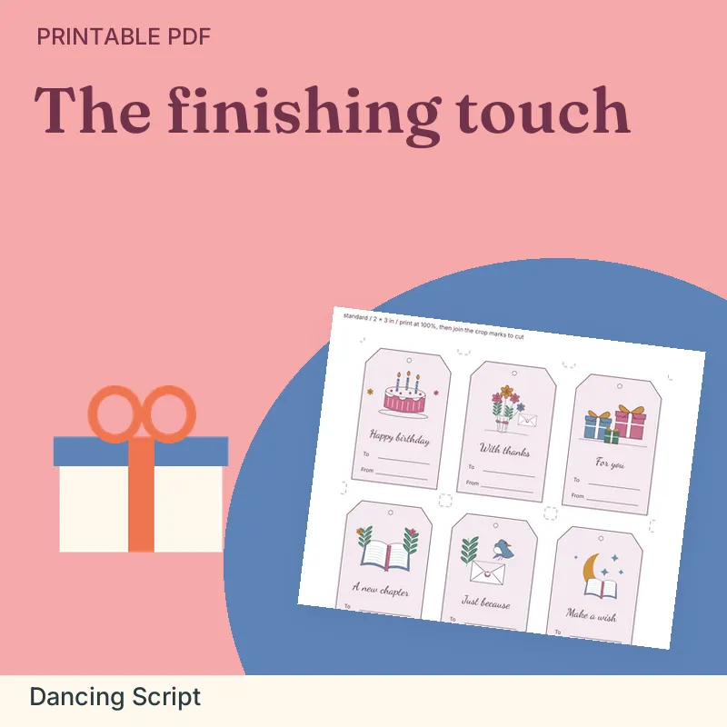 Cursive Gift Tag Collection, Dancing Script: illustrated preview with actual page excerpt