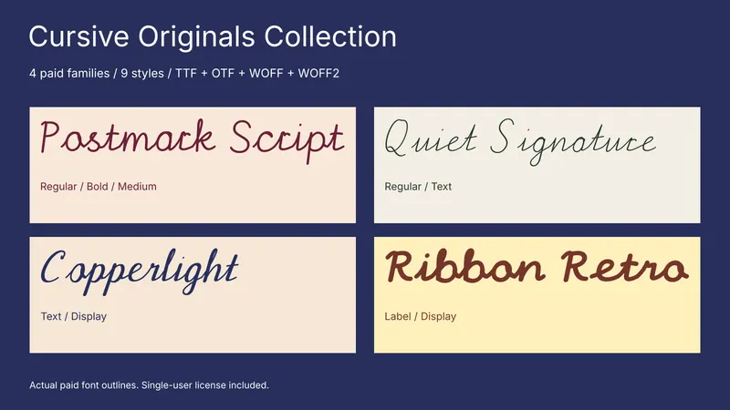 Cursive Originals Collection: actual paid Postmark Script, Quiet Signature, Copperlight, and Ribbon Retro outlines with included styles