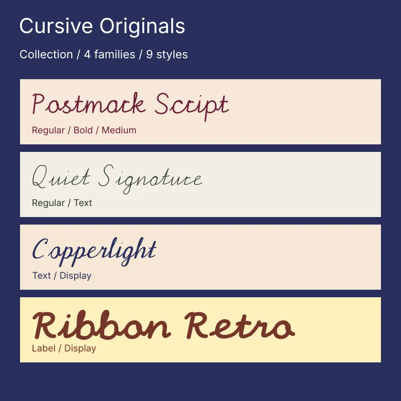 Cursive Originals Collection: actual paid Postmark Script, Quiet Signature, Copperlight, and Ribbon Retro outlines with included styles
