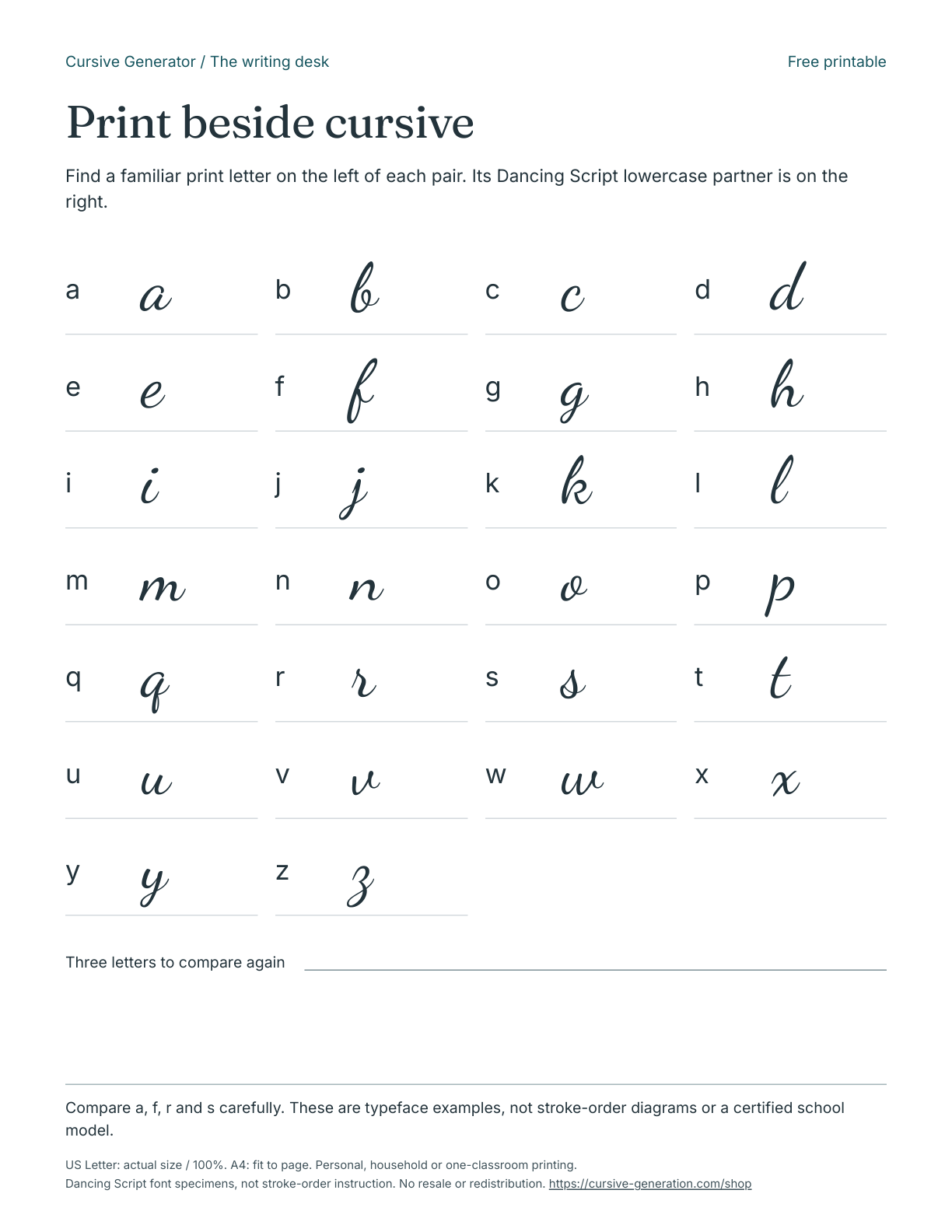 Printable page from Print beside cursive - Free Printable