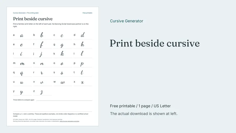 Print beside cursive - Free Printable: printable page preview