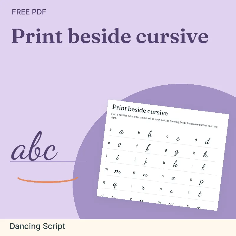 Print beside cursive, Dancing Script: illustrated preview with actual page excerpt