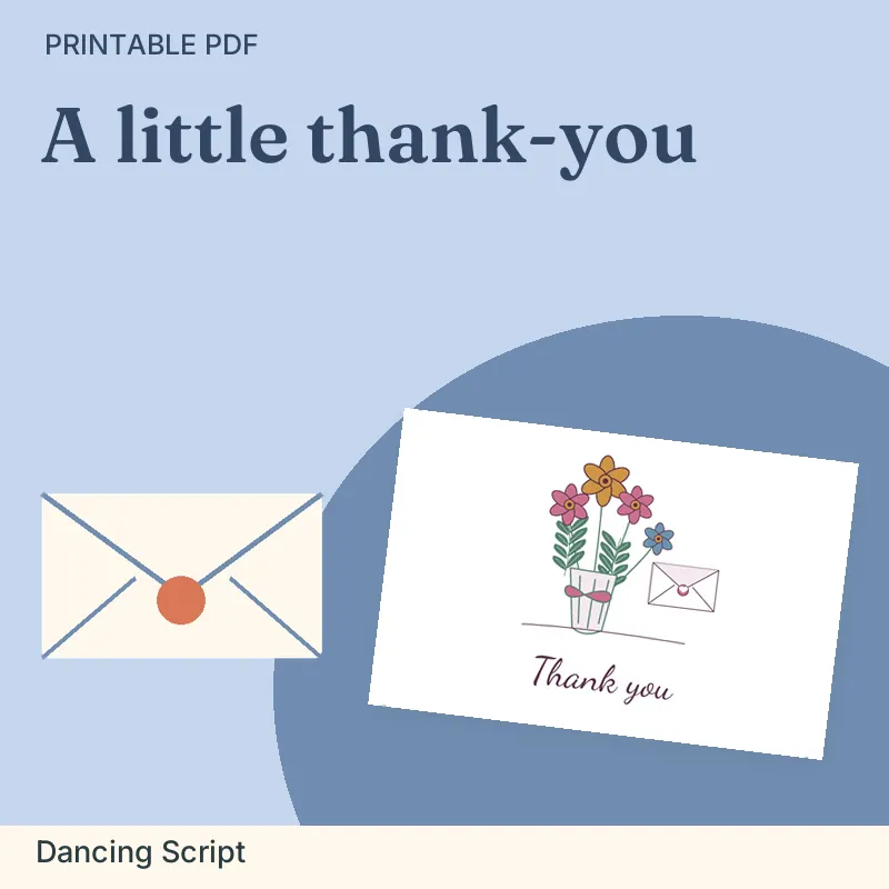 Cursive Thank-You Card Set, Dancing Script: illustrated preview with actual page excerpt