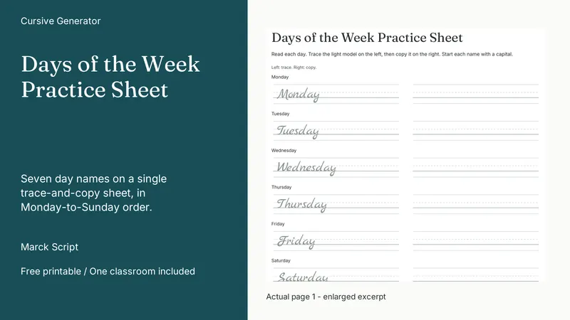 Days of the Week Practice Sheet: actual page excerpt