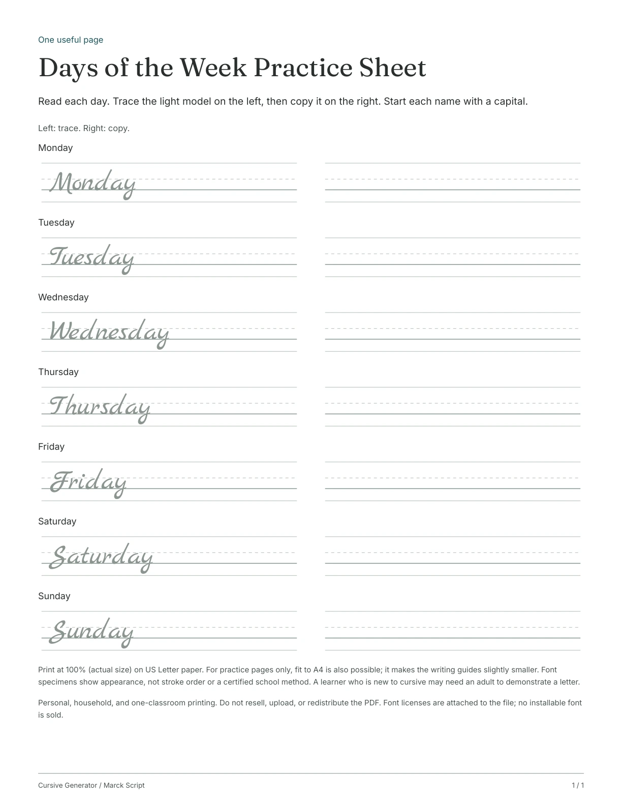 Page 1: Days of the Week Practice Sheet