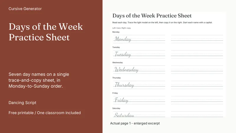 Days of the Week Practice Sheet: actual page excerpt