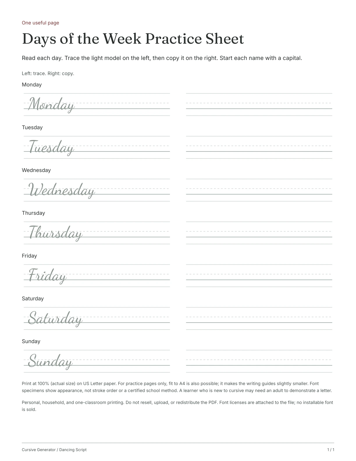 Page 1: Days of the Week Practice Sheet