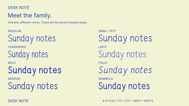 Desk Note style comparison: Regular, Small Text, Condensed, Light, Bold, Italic, Medium, Semibold