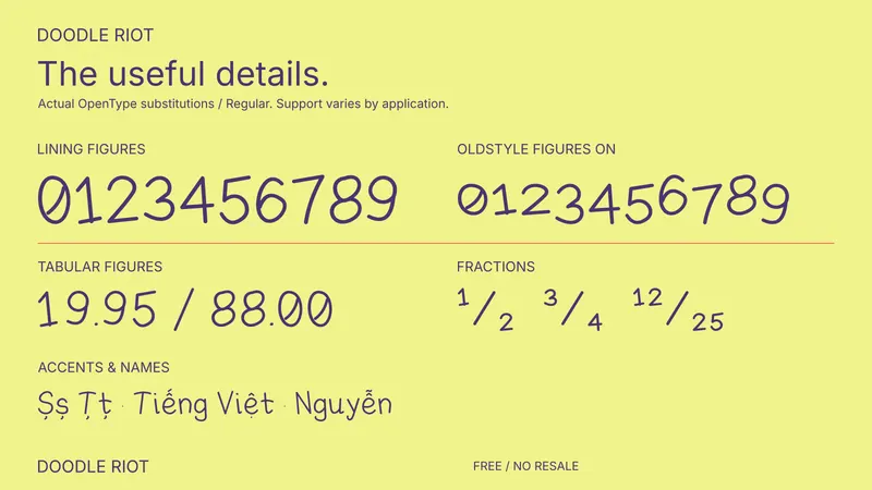 Doodle Riot: examples of included font features