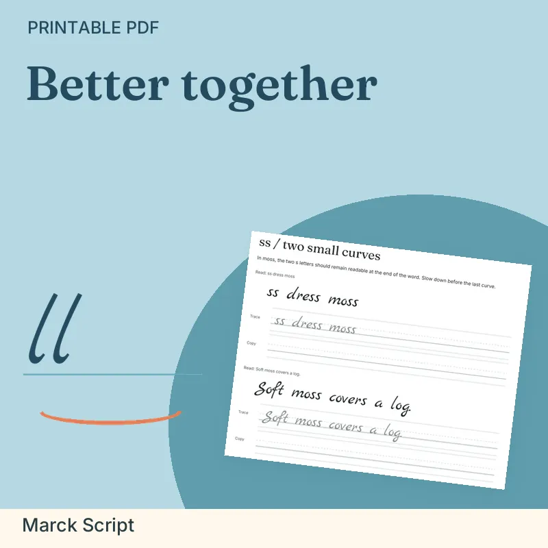 Double-Letter Join Practice Pack, Marck Script: illustrated preview with actual page excerpt