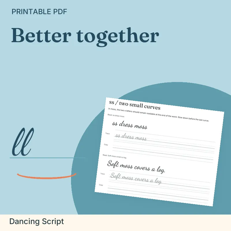 Double-Letter Join Practice Pack, Dancing Script: illustrated preview with actual page excerpt