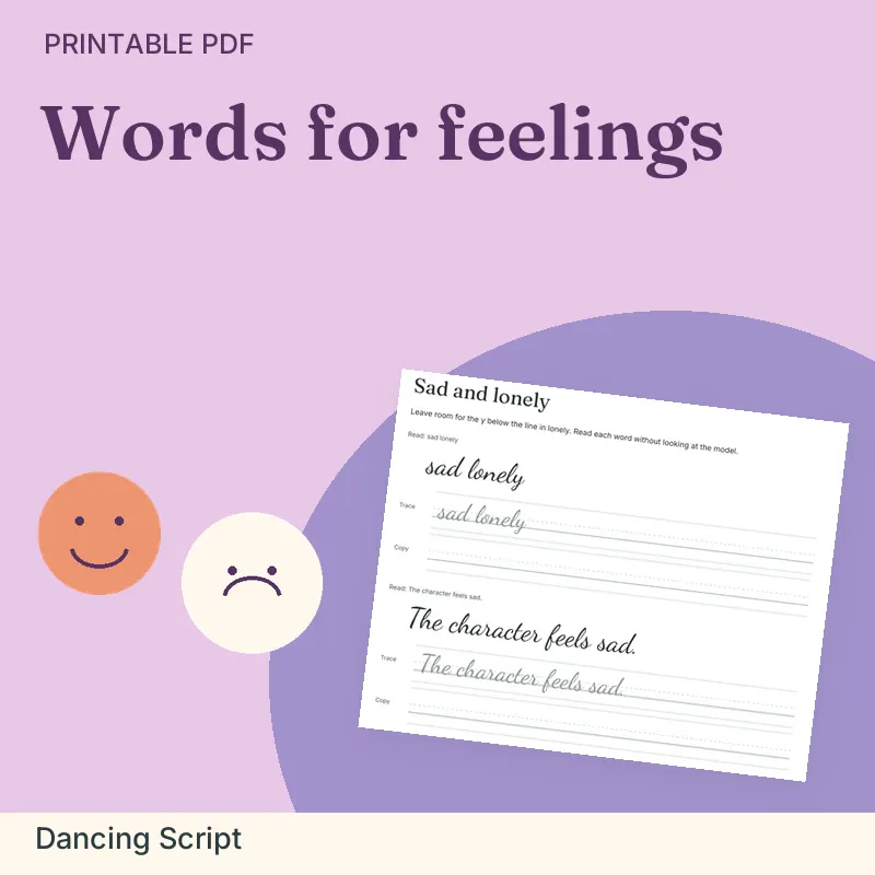 Emotions & Feelings Vocabulary Pack, Dancing Script: illustrated preview with actual page excerpt